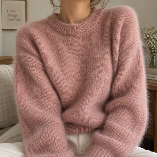 A dusty pink mohair sweater on a hanger